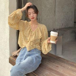 Ruffled Floral Print Chiffon Blouse Yellow - One Size