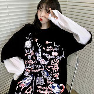 Mock Two-piece Printed Oversize Long-sleeve T-shirt