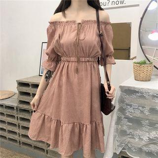 Off-shoulder Plaid Elbow-sleeve Dress