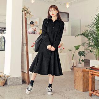 Half-placket Ruffle-hem Corduroy Long Dress