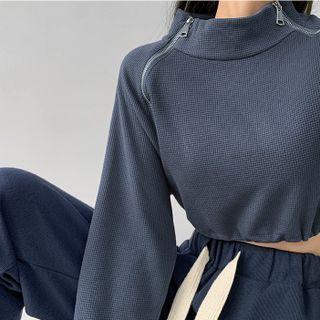 Details Drawstring-hem Cropped Zipper Sweatshirt