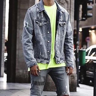 Moon Print Distressed Denim Jacket