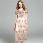 Short-sleeve Sequined Midi Cocktail Dress