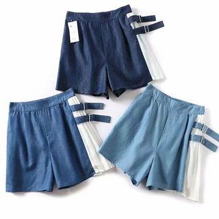 Buckled Paneled Denim Shorts