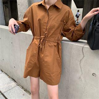 Drawstring Collared Long-sleeve Playsuit