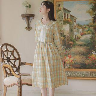 Long-sleeve Sailor Collar Bow Plaid Midi A-line Dress