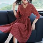 3/4-sleeve Dotted A-line Midi Dress