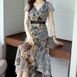 Crochet Panel Cap-sleeve Printed Midi Dress