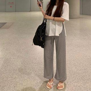 Plain Side Slit Open Short Sleeve T-shirt / Stripe Wide Leg Pants