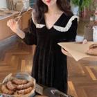 Long-sleeve Collared Lace Trim Velvet Dress Black - One Size