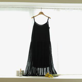 Spaghetti-strap Chiffon-overlay Pleated Dress
