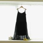 Spaghetti-strap Chiffon-overlay Pleated Dress