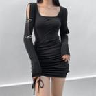 Long-sleeve Cutout Drawstring Mini Bodycon Dress