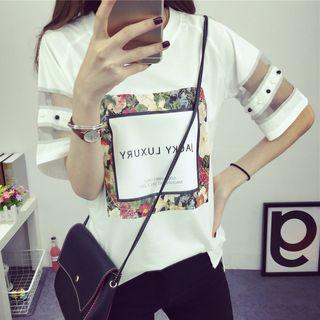 Mesh Panel Print Elbow-sleeve Top