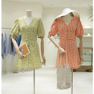 Puff-sleeve Plaid V-neck A-line Dress