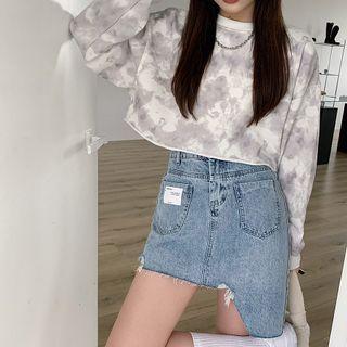 Tie-dyed Cropped Sweatshirt / Asymmetrical Denim Mini A-line Skirt