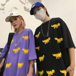Couple-matching Dinosaur Print Elbow-sleeve T-shirt