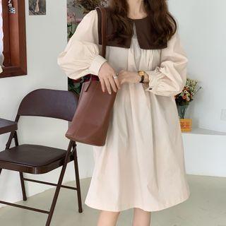 Long-sleeve Collar Midi A-line Dress Almond - One Size