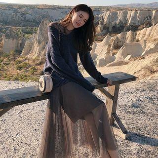Set: Plain Sweater + Long-sleeve Midi A-line Mesh Dress + Camisole