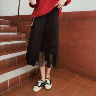 Mesh Panel Pleated Knit Skirt Black - One Size
