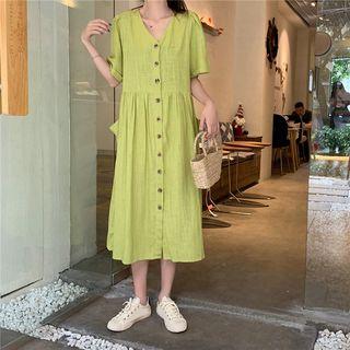 V-neck Short-sleeve Midi Dress Green - One Size