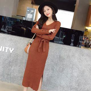 Side Slit Midi Knit Dress With Sash