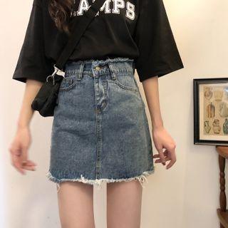 Distressed Denim Fitted Mini Skirt