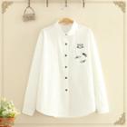 Cat & Fish Bone Embroidered Long-sleeve Shirt White - One Size