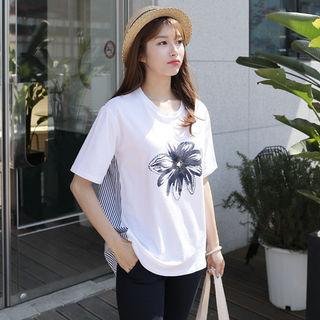 Stripe-panel Flower-appliqu  T-shirt