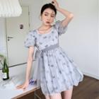Puff-sleeve Butterfly Embroidered Tie-waist Mini A-line Dress