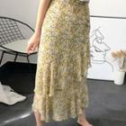 Ruffle-hem Asymmetric Floral Print Skirt