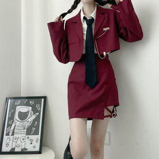 Plain Shirt / Neck Tie / Chain Cropped Blazer / Cross Strap Mini A-line Skirt / Set