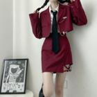 Plain Shirt / Neck Tie / Chain Cropped Blazer / Cross Strap Mini A-line Skirt / Set