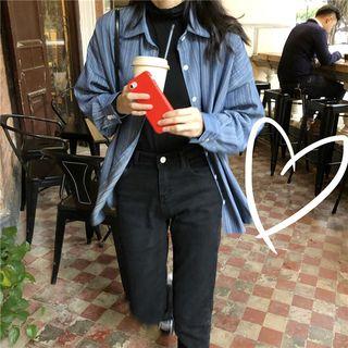 Striped Long-sleeve Loose-fit Shirt / Plain Mock-neck Top