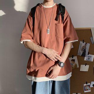 Mock Two Piece Loose Fit Plain Short-sleeve T-shirt