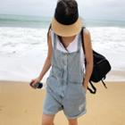 Buttoned Distressed Denim Overall Shorts