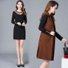 Set: Snap-button Long Vest + Long-sleeve Mesh Panel A-line Dress