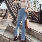 Set: Bell-sleeve Choker Knit Top + Jumper Jeans