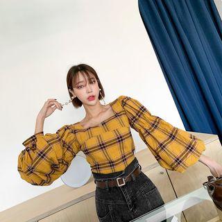 Bell-cuff Zip-side Cropped Plaid Blouse