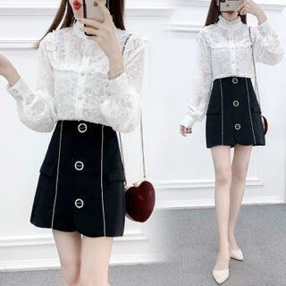 Set: Ruffled Lace Blouse + Buttoned Skirt