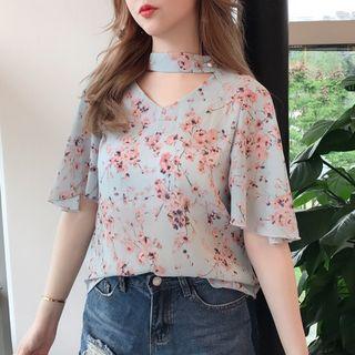 Floral Print Cutout Blouse