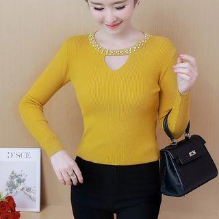 Cutout Long-sleeve Knit Top As Shown In Figure - One Size