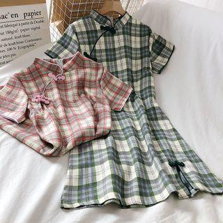 Plaid Stand Collar Short-sleeve A-line Dress