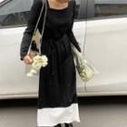 Long-sleeve Two-tone Maxi A-line Dress Black & White - One Size