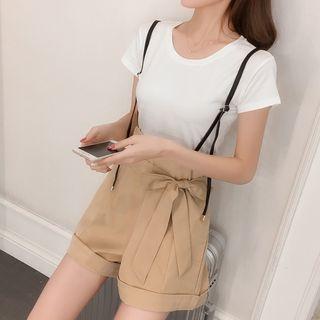 Set : Short-sleeve T-shirt + Spaghetti Strap Wide Leg Shorts