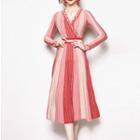 V-neck Stripe Long-sleeve Midi Knit Dress