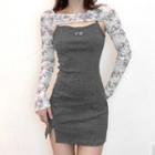Long-sleeve Side-slit Mini Dress Gray - One Size