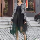 Set: Houndstooth Cardigan + Spaghetti Strap Midi Mesh Dress