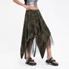 Mesh Panel Camo Print Midi A-line Skirt Camouflage - Green - One Size