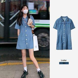 Elbow-sleeve Denim Mini A-line Shirtdress